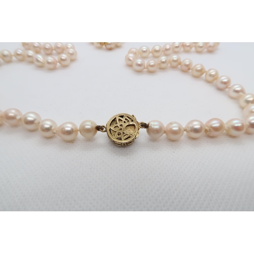 157 - A string of pearls with 9ct yellow gold (hallmarked) and pearl clasp - 81cm