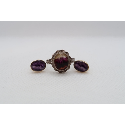 168 - A pair of 9ct yellow gold (hallmarked) and Blue John fluorspar ear studs and a silver and Blue John ... 