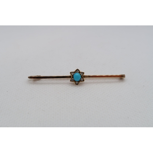 171 - A 9ct yellow gold (hallmarked) bar brooch with star set with turquoise and diamond - 5cm - weight ap... 