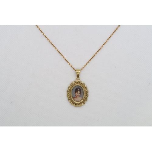 197 - An 18ct yellow gold (hallmarked) pendant on chain - oval pendant with miniature portrait 2.5cm exclu... 