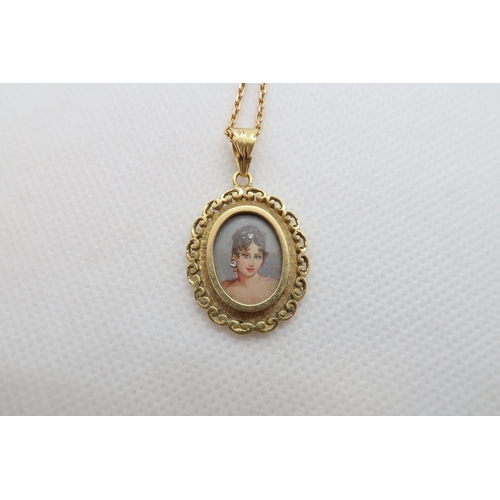 197 - An 18ct yellow gold (hallmarked) pendant on chain - oval pendant with miniature portrait 2.5cm exclu... 