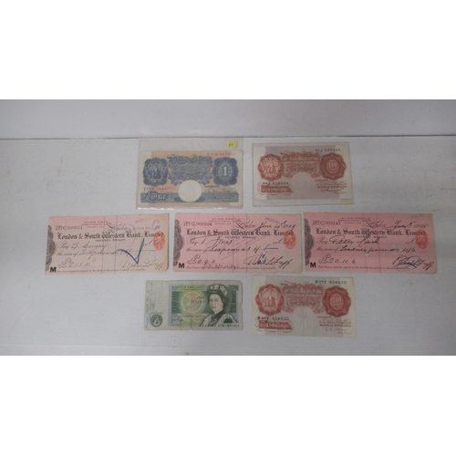 329 - GB banknotes inc: K.O. Peppiatt 10 shillings plus 1 pound and Edwardian cheques