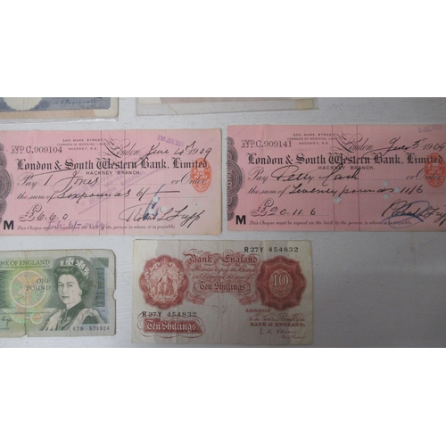 329 - GB banknotes inc: K.O. Peppiatt 10 shillings plus 1 pound and Edwardian cheques