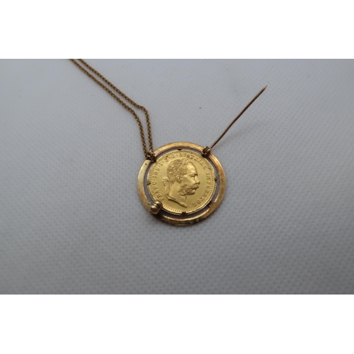 337 - An Austro Hungarian 1915 1 Ducat gold coin mounted as a pendant in yellow gold (tested) on hallmarke... 