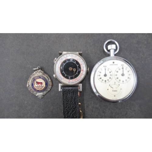 358 - A vintage Football Referees wrist stopwatch (not working) together with a metal and enamel Oxfordshi... 