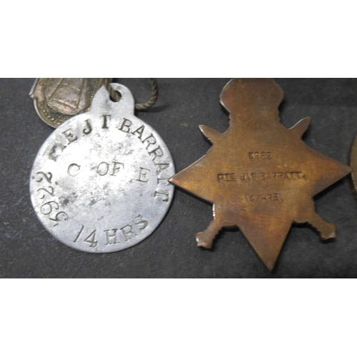 443 - WW1 Medal Trio: War Medal, Victory Medal, 1914-15 Star - 3922 Pte J.T. Barratt 14/Hrs N/ID Tags and ... 