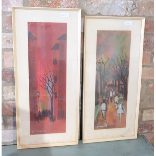 481 - Two framed and glazed Gouache scenes, signed, frames approx 60cm x 18cm