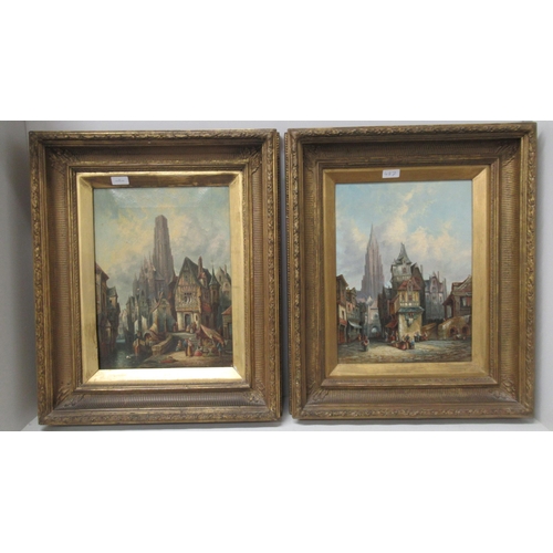 487 - Two oil paintings of Continental town scenes in the manner of Henry Schaffer - oil on canvas - one r... 