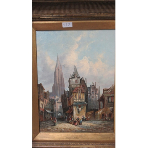 487 - Two oil paintings of Continental town scenes in the manner of Henry Schaffer - oil on canvas - one r... 