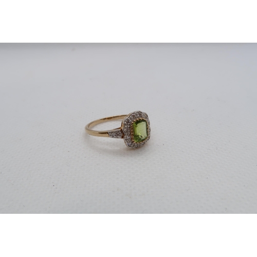 67 - A 9ct yellow gold Peridot and diamond ring with diamond shoulders - head size approx 11mm x 11mm - r... 