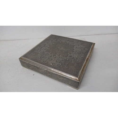 305 - An Eastern silver desk box with finely chased decoration - 18cm x 18cm x 3cm - good overall conditio... 