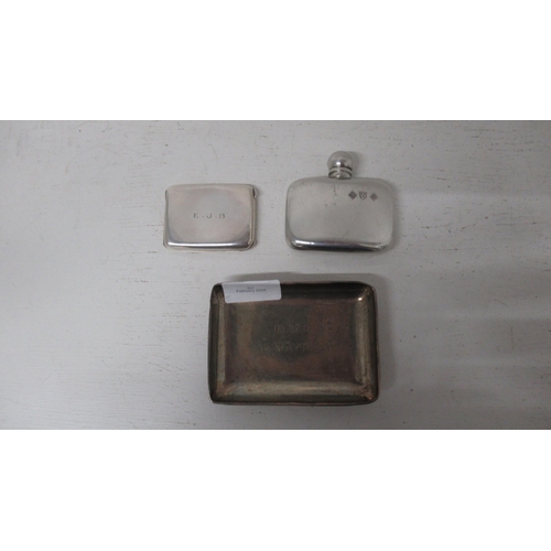 307 - A silver pin tray and card case together with a polished pewter flask