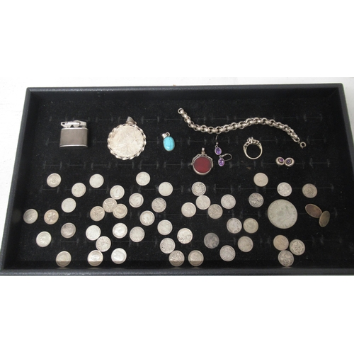 310 - Silver items to include GB coins, Maria Theresa Thaler, cigarette lighter, fob, ring etc