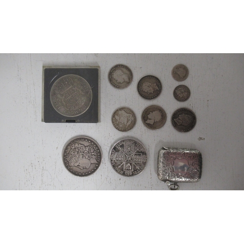 348 - Silver coins, to include 1889 Morgan Dollar, 1887 double Florin, together with a silver vesta case -... 