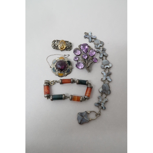 208 - Four pieces of silver jewellery - An agate bracelet 19cm,  a Scottish hardstone brooch 4.5cm, a Scot... 