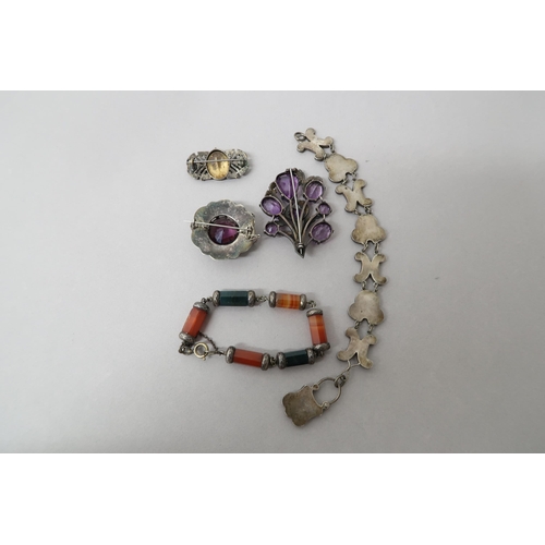 208 - Four pieces of silver jewellery - An agate bracelet 19cm,  a Scottish hardstone brooch 4.5cm, a Scot... 