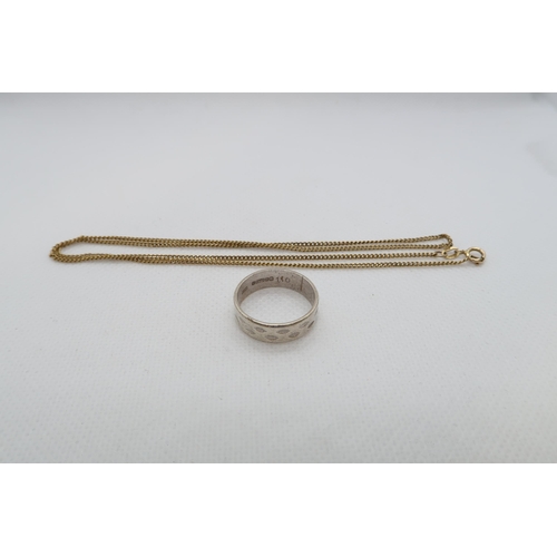 225 - A 9ct white gold (hallmarked) band ring size O - together with a 9ct yellow gold (hallmarked) chain ... 