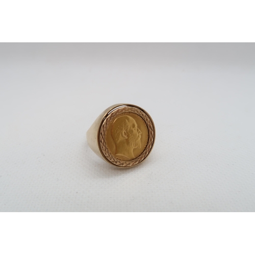 228 - A 1908 half sovereign mounted as a ring in 9ct (hallmarked) yellow gold - approx weight 9.1 grams