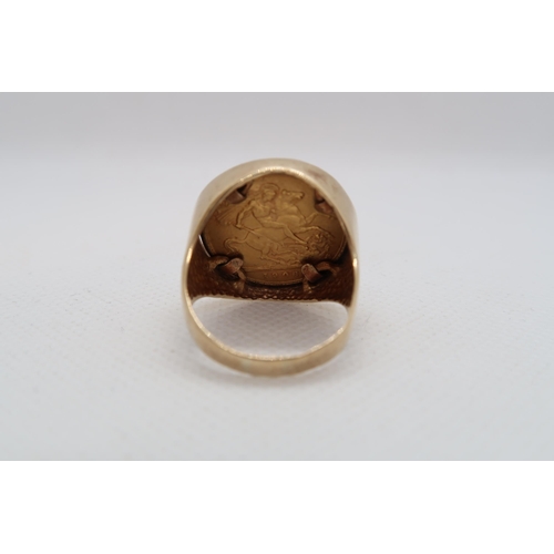 228 - A 1908 half sovereign mounted as a ring in 9ct (hallmarked) yellow gold - approx weight 9.1 grams