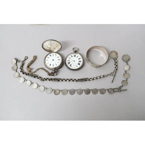 248 - Two silver cased pocket watches together with two silver watch chains and a silver bracelet