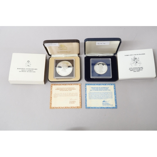 344 - Two silver proof coins - 1978 Bahamas $10, 1979 Turks & Caicos islands $10 - both boxed with COA