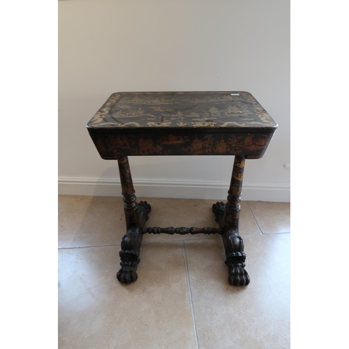 503 - A 19th century chinoiserie lacquered work table with tapered legs and hairy paw feet - Height 78cm x... 