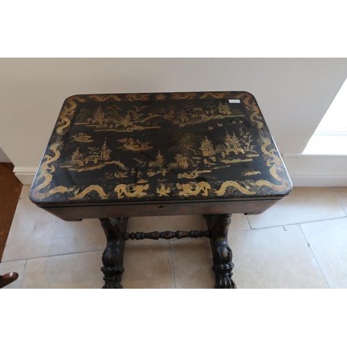 503 - A 19th century chinoiserie lacquered work table with tapered legs and hairy paw feet - Height 78cm x... 