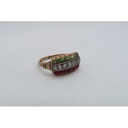 237 - An 18ct yellow gold (hallmarked) ring with diamond, peridot and rubies - ring size P - weight approx... 