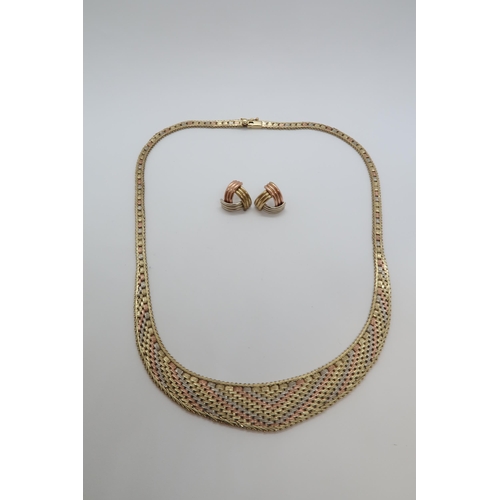 168 - A 9ct (hallmarked) tri colour necklace - 43cm - together with a pair of earrings - weight approx 22.... 