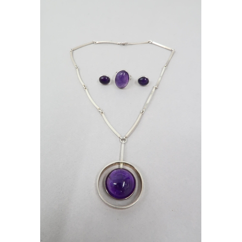 177 - N E From, Danish Silver and cabochon amethyst necklace - amethyst 2.3cm diameter, necklace 47cm, wit... 