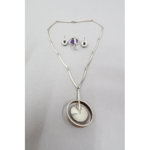 177 - N E From, Danish Silver and cabochon amethyst necklace - amethyst 2.3cm diameter, necklace 47cm, wit... 