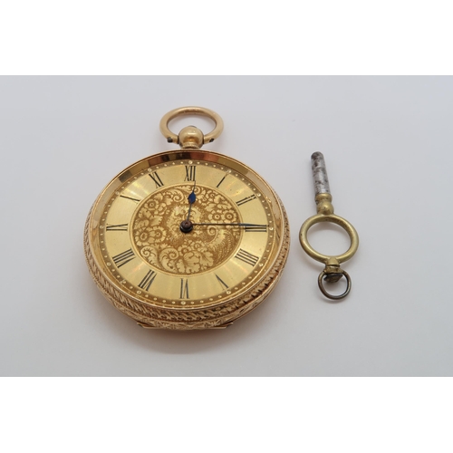 257 - An 18ct yellow gold (hallmarked) open faced fob watch, finely chased, double case 4cm - T.R. Russell... 