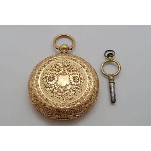 257 - An 18ct yellow gold (hallmarked) open faced fob watch, finely chased, double case 4cm - T.R. Russell... 