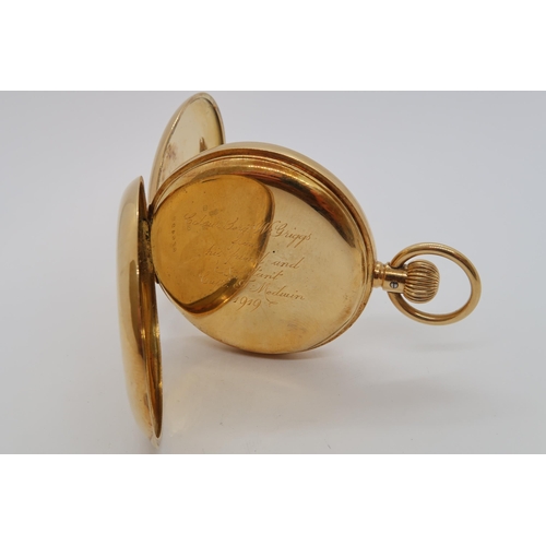 267 - An 18ct hallmarked yellow gold full hunter pocket watch double cased and engraved 1919, approx 4.5cm... 