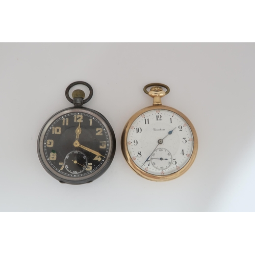 269 - A silver cased pocket watch with black dial, 5cm wide, together with a gold plated Trenton pocket wa... 