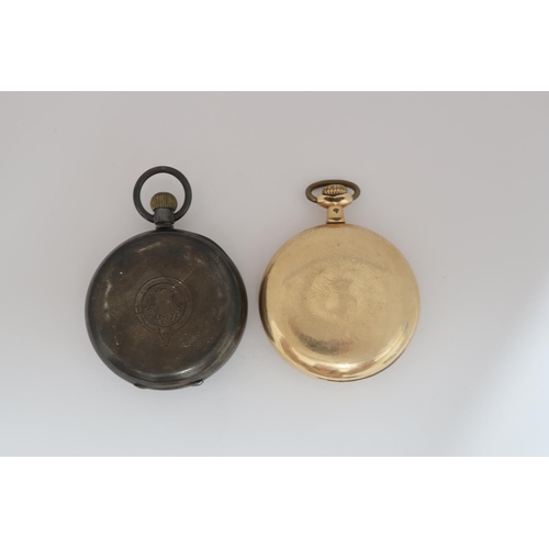 269 - A silver cased pocket watch with black dial, 5cm wide, together with a gold plated Trenton pocket wa... 