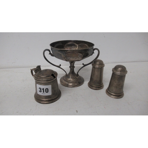 310 - A silver trophy and three piece condiment set - silver weight approx 10.2 troy oz