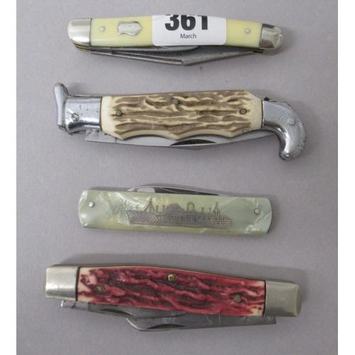 361 - Four pocket pen knives, one inlaid with a picture of Siberia