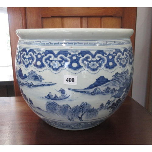 408 - A large Chinese blue and white Jardiniere decorated with continuous landscape - Height 30cm x Diamet... 