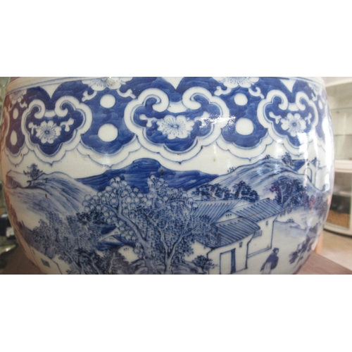 408 - A large Chinese blue and white Jardiniere decorated with continuous landscape - Height 30cm x Diamet... 