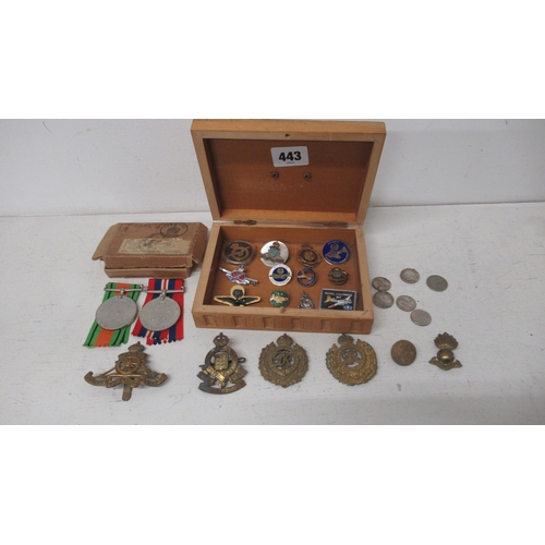 443 - A WW2 Medal pair: War and Defence, together with assorted Insignia, cap badges etc