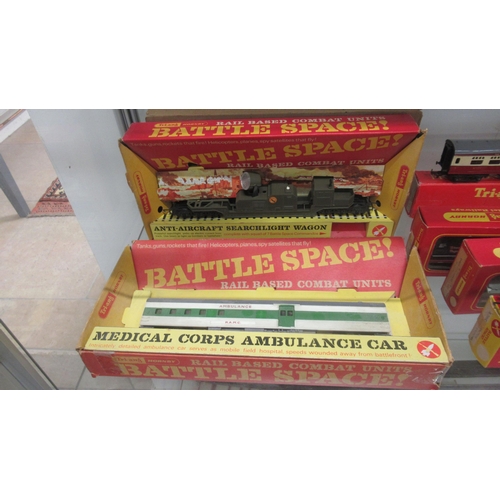 459 - A selection of early Tri-ang models including three boxed Battle Space models, carriages, trucks etc