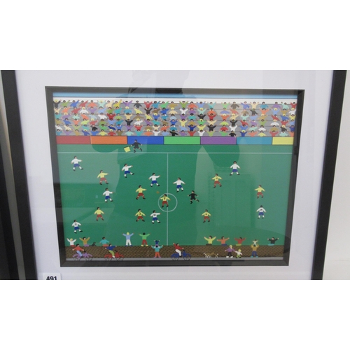 491 - An original painting by Gordon Barker of a football match - framed and ready to hang - 53cm x 43cm