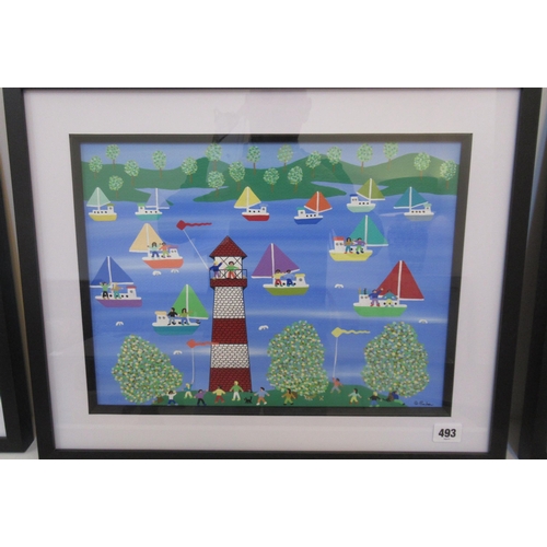 493 - An original painting by Gordon Barker of boats and lighthouse - framed and ready to hang - 53cm x 43... 