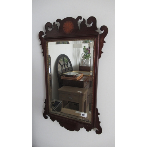 537 - A Georgian style mahogany mirror with bevelled edge glass, 67cm high x 40cm wide