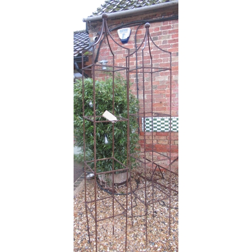 602 - A pair of hand forged  wrought iron square section garden obelisk plant supports with ball finials -... 