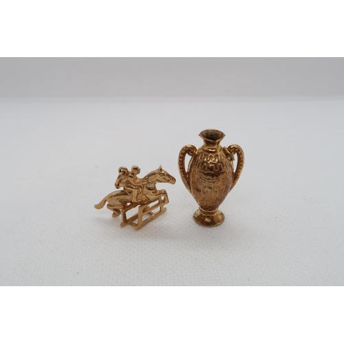 65 - Two 9ct gold (hallmarked) charms of a racehorse and vase - approx total weight 7.5 grams