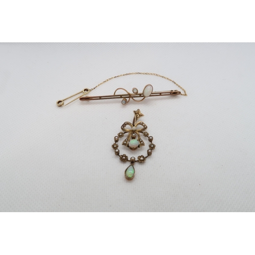 75 - An Edwardian 9ct (hallmarked) opal pendant with seed pearls - 5cm - together with a 9ct (hallmarked)... 