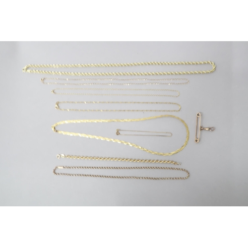 81 - Six 9ct (hallmarked) yellow gold chains - two bracelets ands a rose gold pin - approx weight 25.5 gr... 