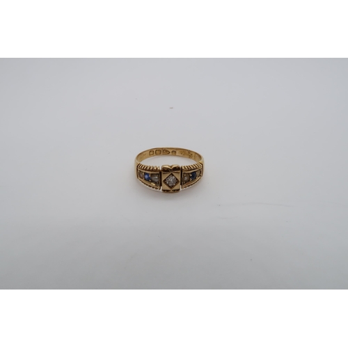 84 - A Victorian 18ct yellow gold, hallmarked, ring with diamond sapphires and seed pearls, size L, appro... 